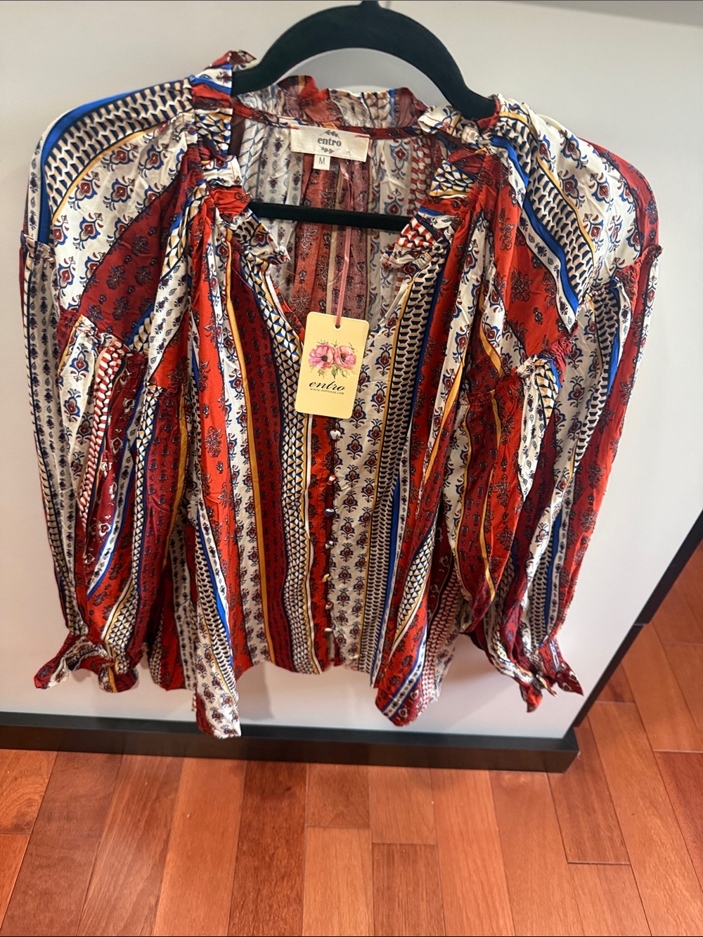 entro Red Multi-Stripe Boho Peasant Blouse